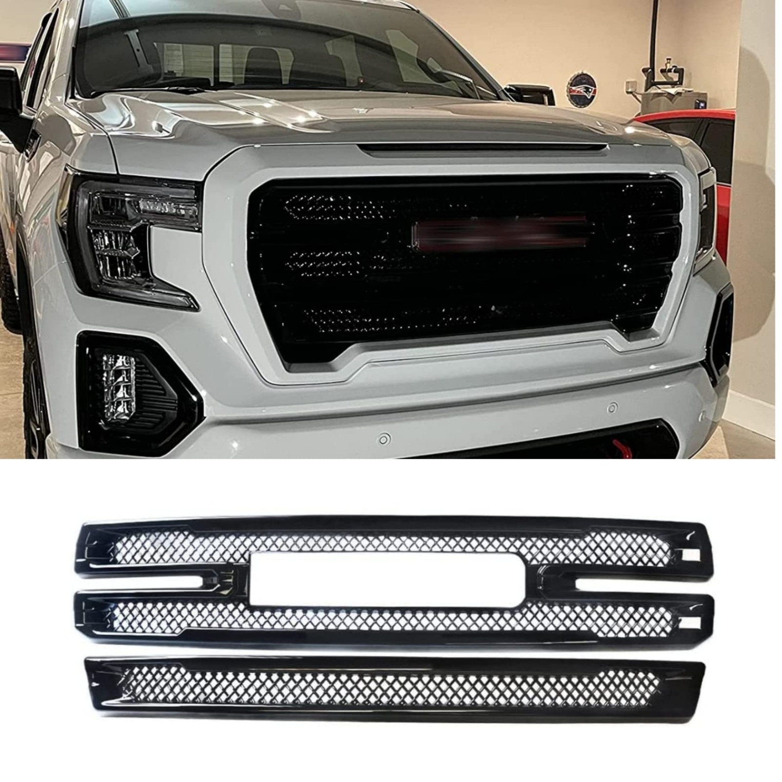 2021 gmc sierra accessories Bulan 1 Grill Fit For - GMC Sierra  SLT AT Front Grille Cover Front  Bumper ABS Painted Overlay Trim Kit Sierra Accessories Exterior Gloss Black
