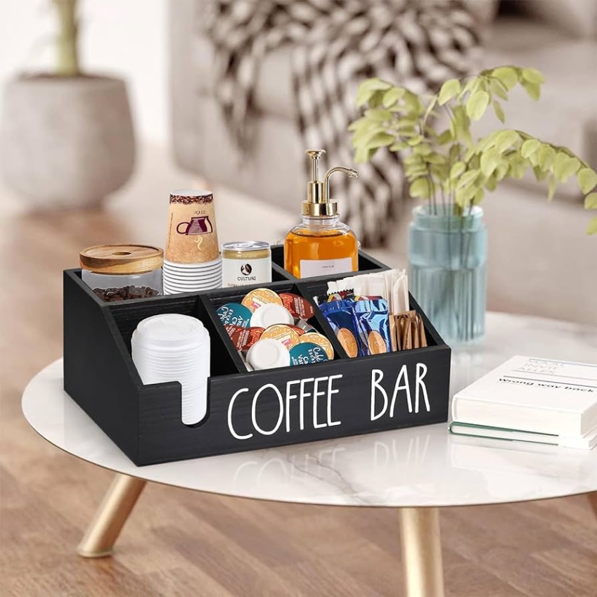 accessories for coffee bar Bulan 2 Coffee Station Organizer Wooden Coffee Bar Accessories and Organizer for  Countertop, Coffee Pods Holder Storage Basket, Coffee and Tea Condiment