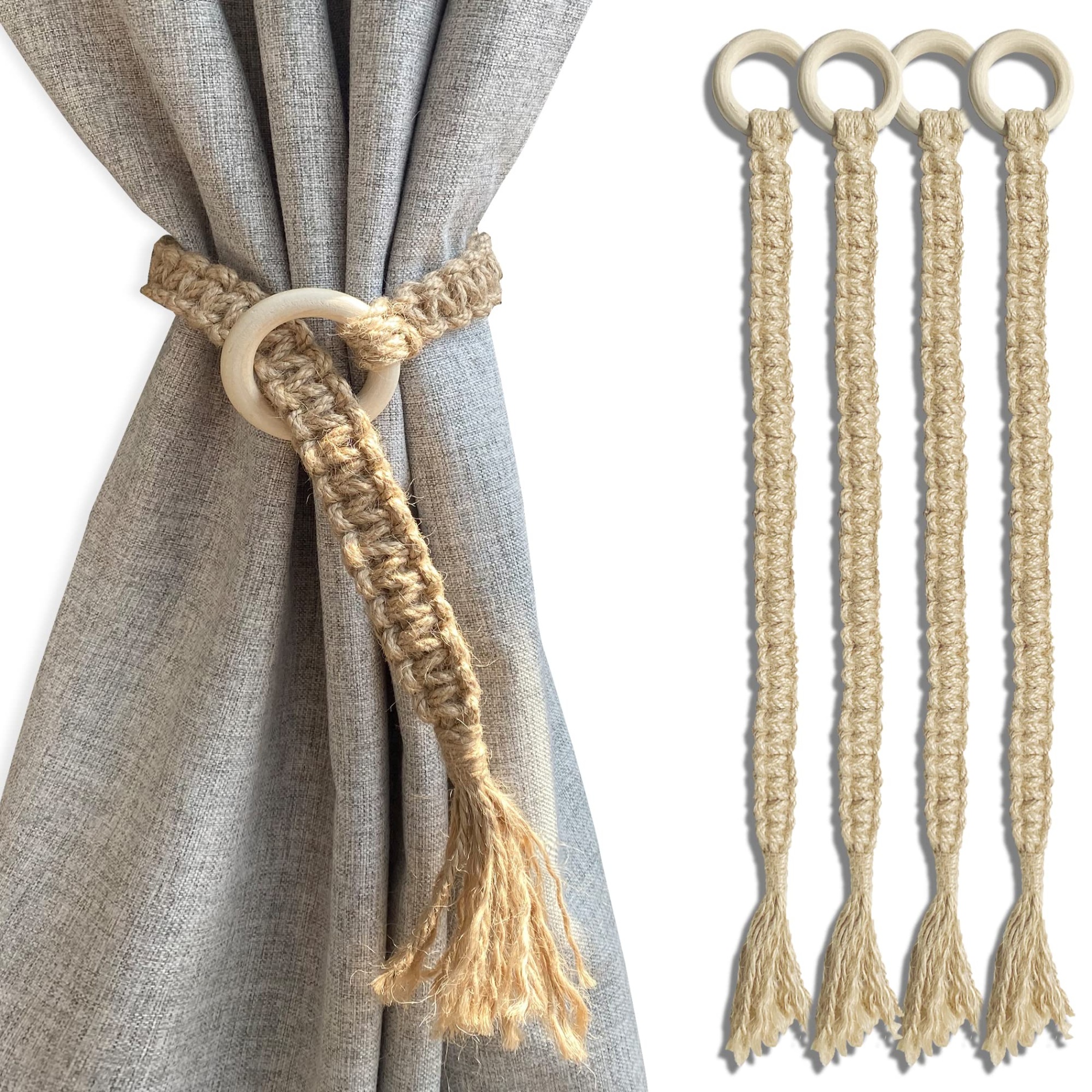 accessories for curtains Bulan 2 Curtain Holdbacks Boho Tiebacks for Drapes, Farmhouse Jute Rope Tie Backs  with Rustic Wood Pin, Window Curtain Accessories Holders for Indoor Outdoor